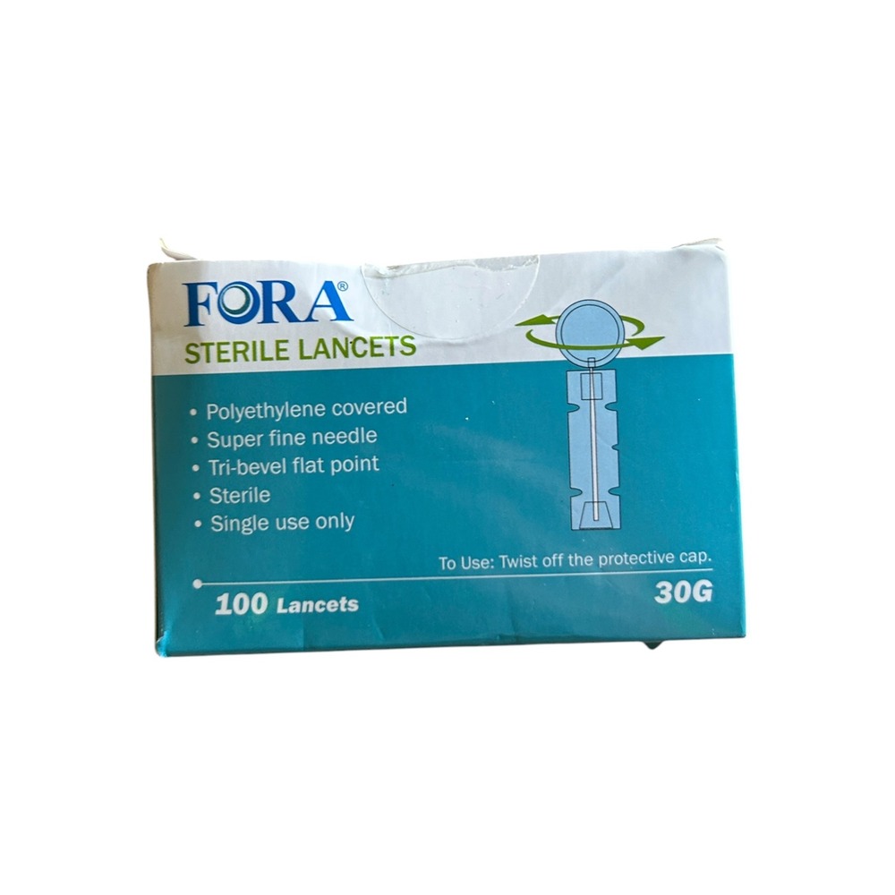 FORA Sterile Lancets 30G Super Fine Needle Tri-Bevel 100 Count Box
